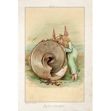 1897 LITTLE GIRL and SEA SHELL Antique Lithograph Print Carl Mayer