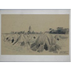 Hay Harvest - J. Wuling - Signed Coal Drawing Landscape Church 1922